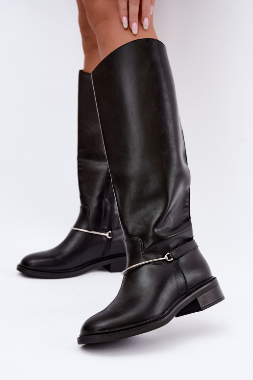 Bottes hautes avec larges talons et rubans décoratifs en couleur noire INillene