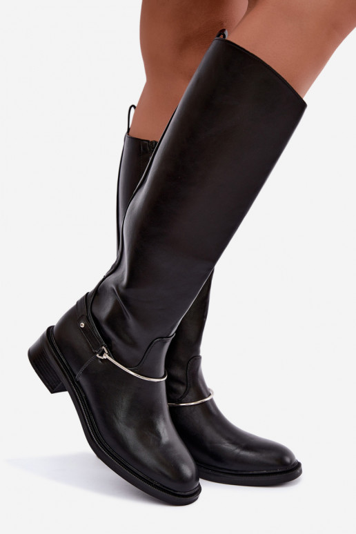 Bottes hautes avec larges talons et rubans décoratifs en couleur noire INillene