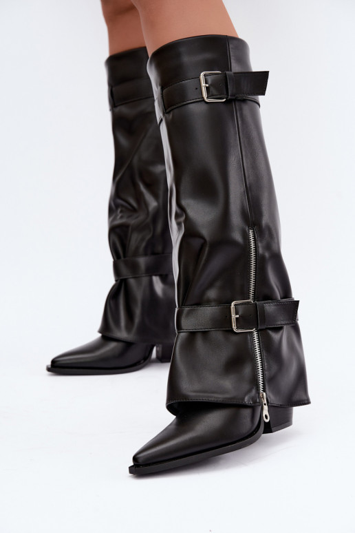Bottes hautes avec talons et lacets avec rubans et boucles en couleur noire Amorette