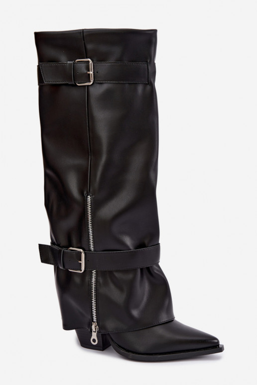 Bottes hautes avec talons et lacets avec rubans et boucles en couleur noire Amorette