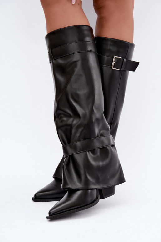 Bottes hautes avec talons et lacets avec rubans et boucles en couleur noire Amorette