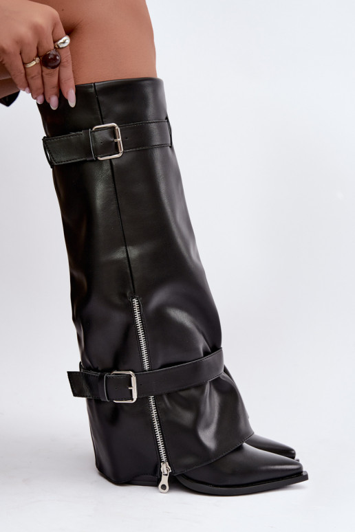 Bottes hautes avec talons et lacets avec rubans et boucles en couleur noire Amorette