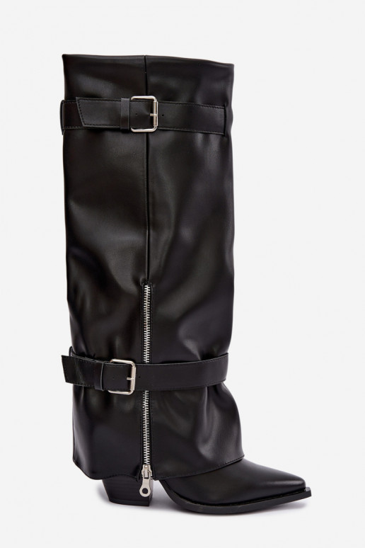 Bottes hautes avec talons et lacets avec rubans et boucles en couleur noire Amorette