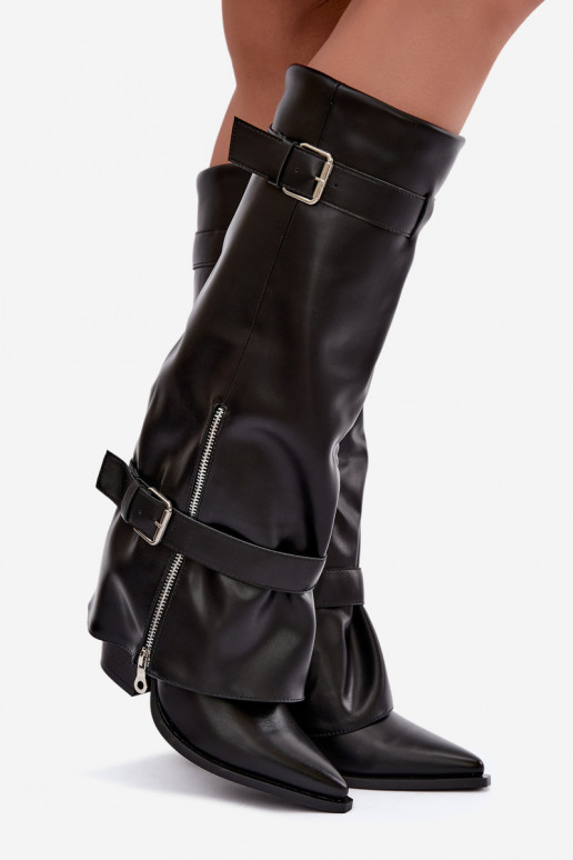 Bottes hautes avec talons et lacets avec rubans et boucles en couleur noire Amorette