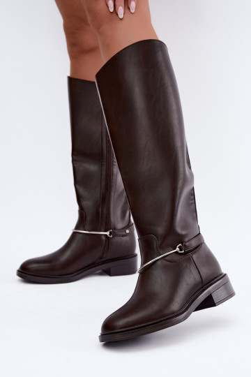 Bottes hautes avec larges talons et rubans décoratifs en couleur chocolat INillene 2