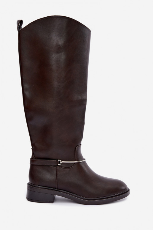 Bottes hautes avec larges talons et rubans décoratifs en couleur chocolat INillene