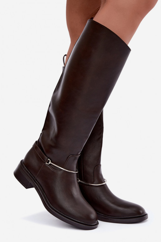 Bottes hautes avec larges talons et rubans décoratifs en couleur chocolat INillene