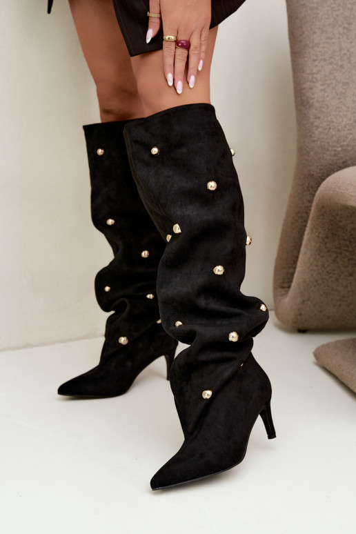 Bottes hautes à enfiler avec talons fins et détails ornés en couleur noire Beladine