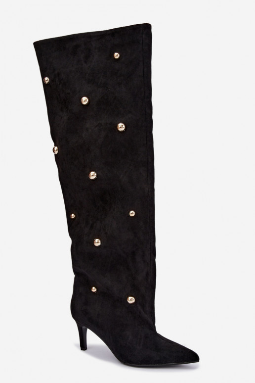 Bottes hautes à enfiler avec talons fins et détails ornés en couleur noire Beladine