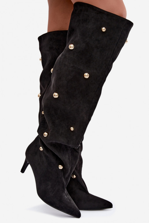 Bottes hautes à enfiler avec talons fins et détails ornés en couleur noire Beladine