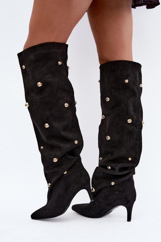 Bottes hautes à enfiler avec talons fins et détails ornés en couleur noire Beladine