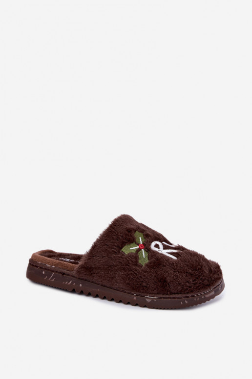 Chaussons pour femmes avec inscription marron foncé Perelle