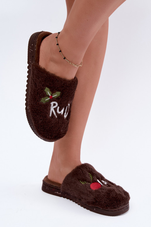 Chaussons pour femmes avec inscription marron foncé Perelle