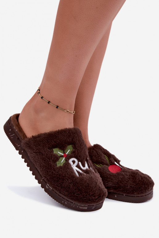 Chaussons pour femmes avec inscription marron foncé Perelle