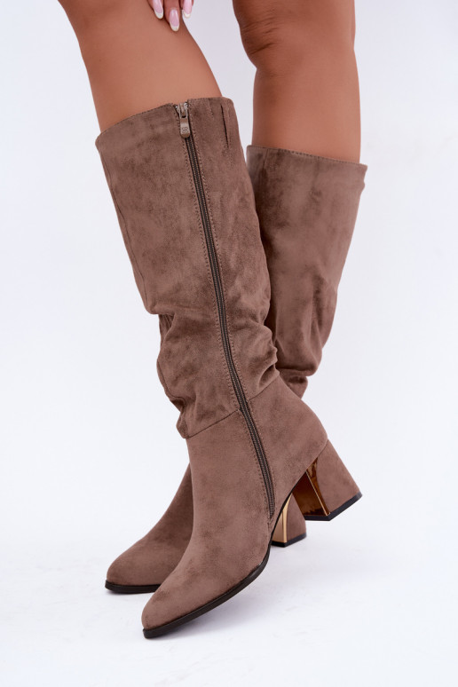 bottes longues froissées doublées avec talons en couleur sable Ivenna