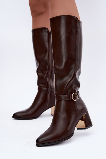 bottes longues doublées avec talons et talons décorés en couleur chocolat Senvia