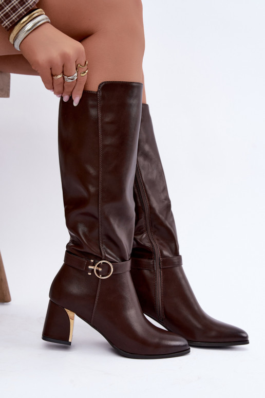 bottes longues doublées avec talons et talons décorés en couleur chocolat Senvia