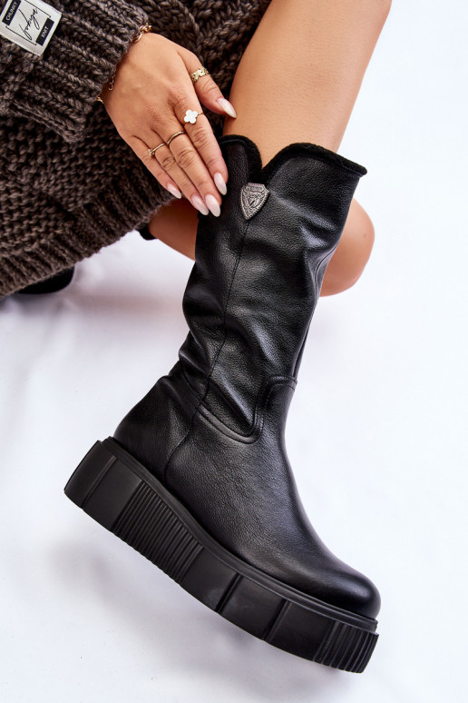 Bottes en cuir pour femmes avec laine Zazoo 70121 noires