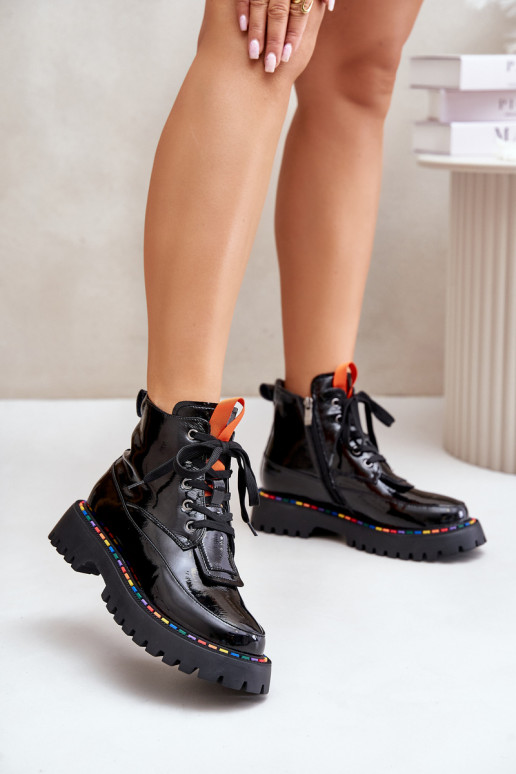 Bottines de travail en cuir avec effet verni noires Anafra