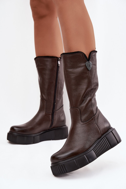 Bottes en cuir pour femmes avec laine Zazoo 70121 chocolat