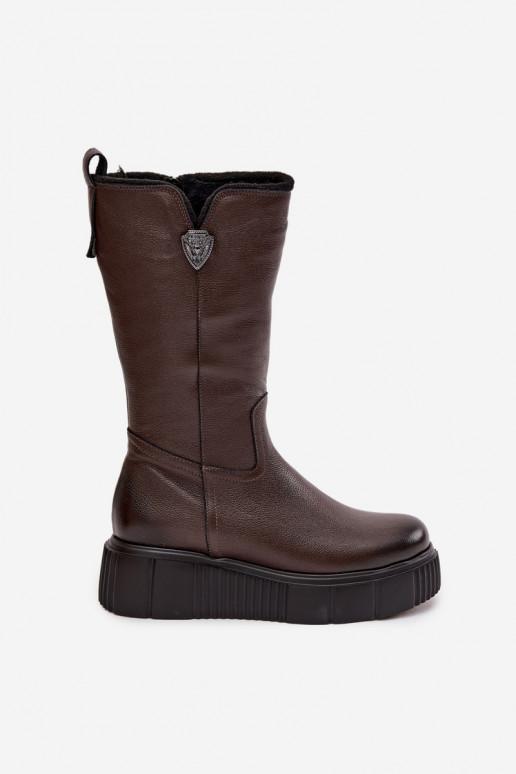 Bottes en cuir pour femmes avec laine Zazoo 70121 chocolat