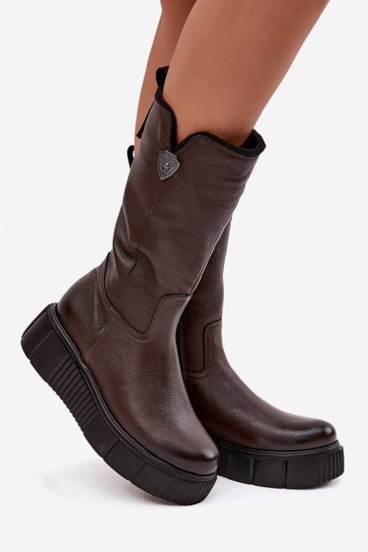 Bottes en cuir pour femmes avec laine Zazoo 70121 chocolat