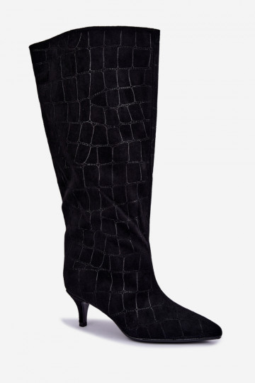 Bottes noires à enfiler au-dessus du genou avec détails embossés et talons Cazelle