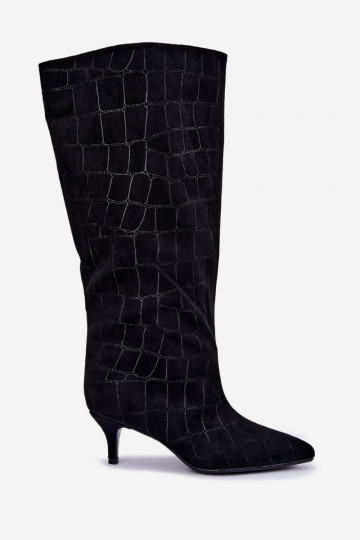 Bottes noires à enfiler au-dessus du genou avec détails embossés et talons Cazelle 2