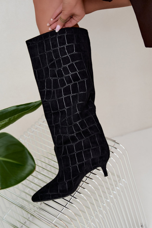 Bottes noires à enfiler au-dessus du genou avec détails embossés et talons Cazelle