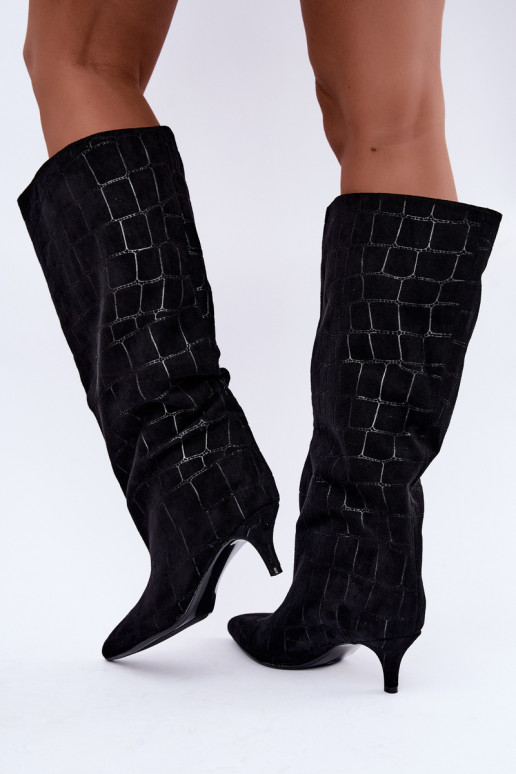 Bottes noires à enfiler au-dessus du genou avec détails embossés et talons Cazelle