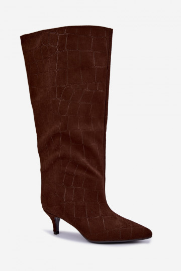 Bottes brunes à enfiler au-dessus du genou avec détails embossés et talons Cazelle