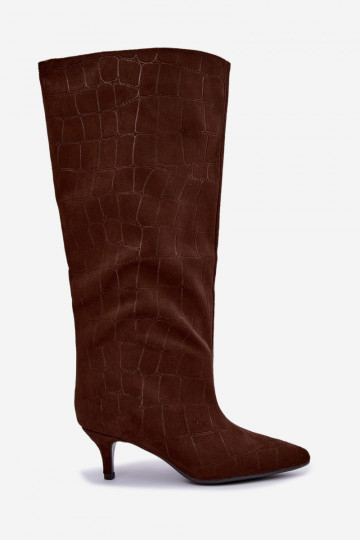 Bottes brunes à enfiler au-dessus du genou avec détails embossés et talons Cazelle 2