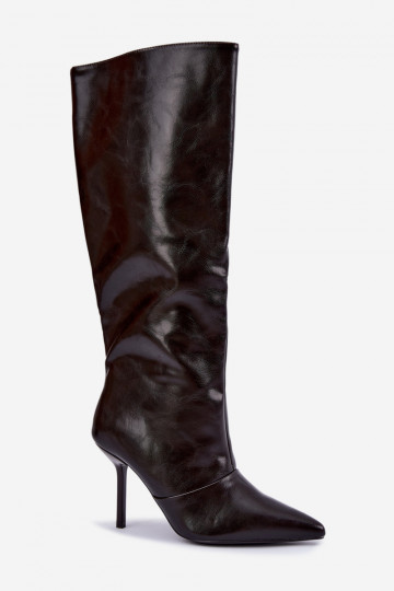 Bottes chaudes au-dessus du genou avec talons fins couleur chocolat Fenoria