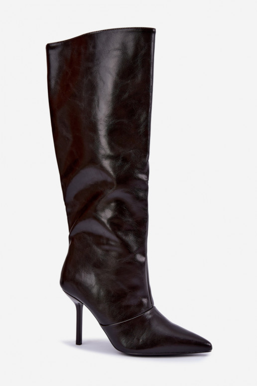 Bottes chaudes au-dessus du genou avec talons fins couleur chocolat Fenoria
