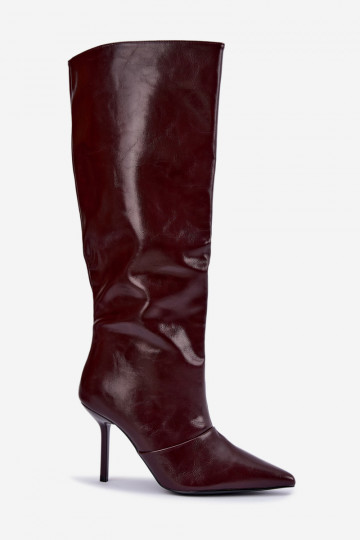 Bottes chaudes au-dessus du genou avec talons fins couleur bordeaux Fenoria