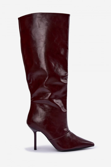 Bottes chaudes au-dessus du genou avec talons fins couleur bordeaux Fenoria 2