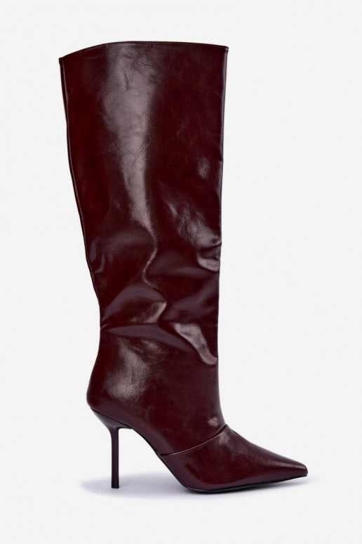 Bottes chaudes au-dessus du genou avec talons fins couleur bordeaux Fenoria