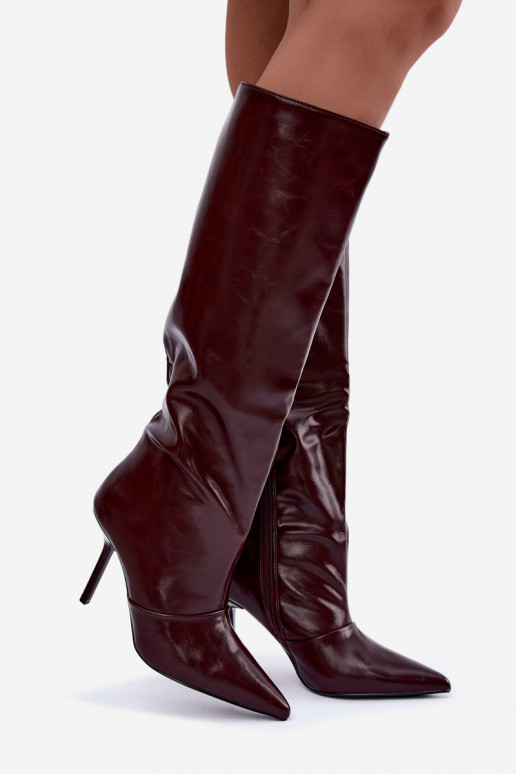 Bottes chaudes au-dessus du genou avec talons fins couleur bordeaux Fenoria
