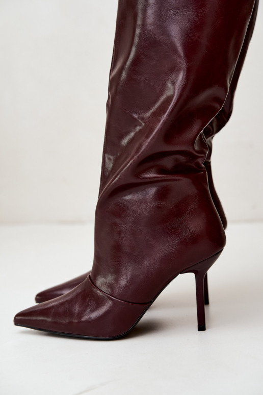 Bottes chaudes au-dessus du genou avec talons fins couleur bordeaux Fenoria