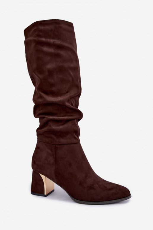 Bottes chaudes froissées jusqu'au genou avec talons en chocolat Ivenna