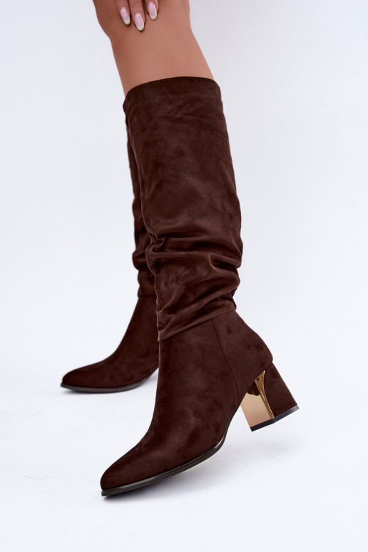 Bottes chaudes froissées jusqu'au genou avec talons en chocolat Ivenna