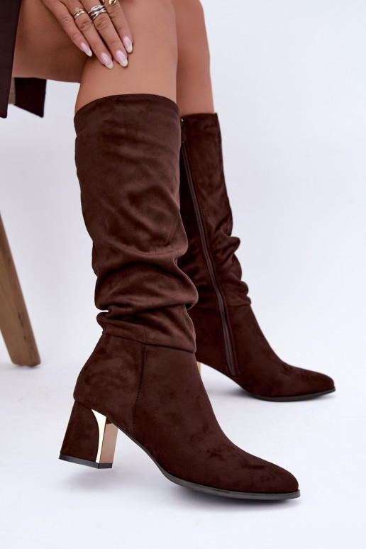 Bottes chaudes froissées jusqu'au genou avec talons en chocolat Ivenna