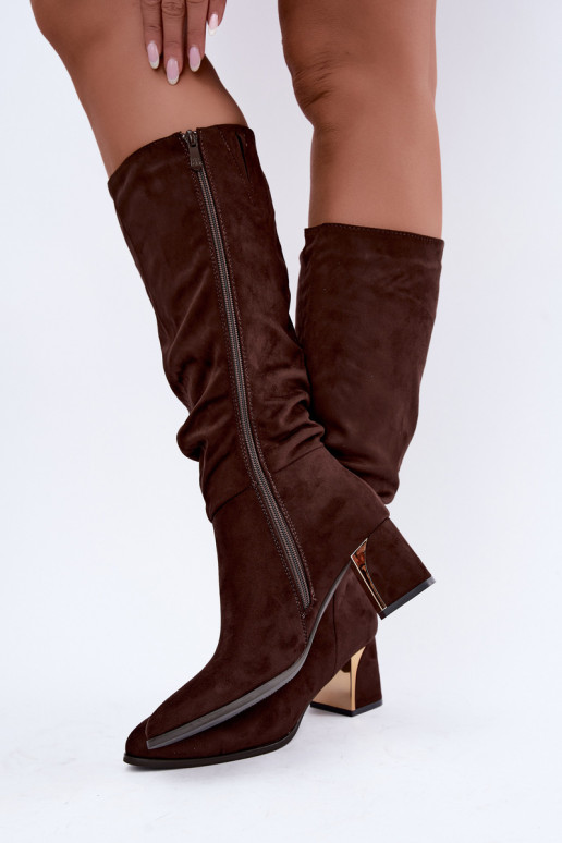 Bottes chaudes froissées jusqu'au genou avec talons en chocolat Ivenna
