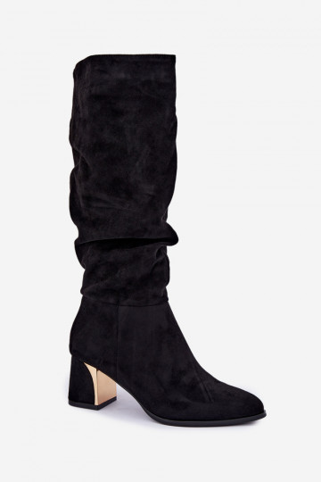 Bottes chaudes froissées jusqu'au genou avec talons en noir Ivenna