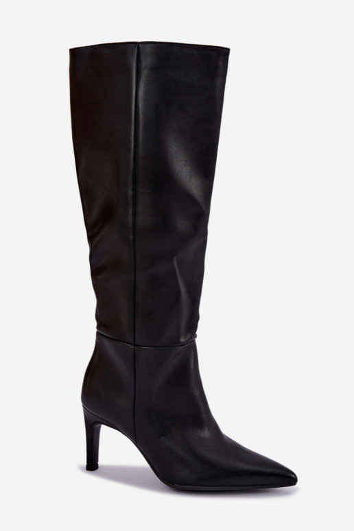 Bottes chaudes jusqu'au genou avec volants et talons en noir Rodeline