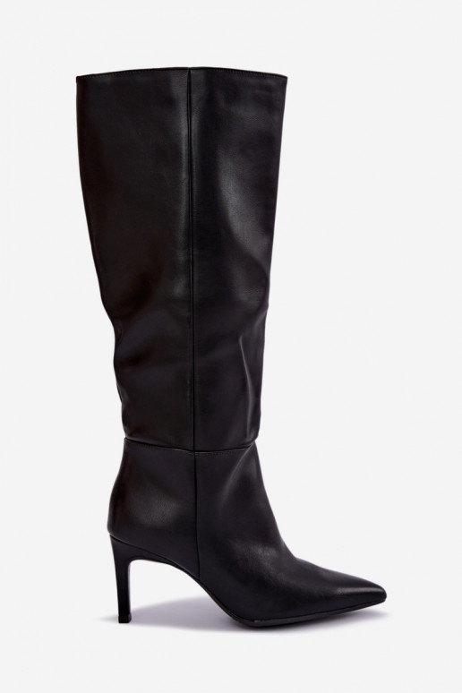 Bottes chaudes jusqu'au genou avec volants et talons en noir Rodeline
