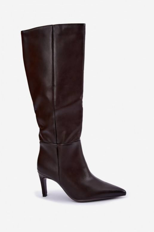 Bottes chaudes jusqu'au genou avec volants et talons en chocolat Rodeline