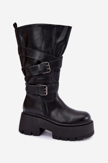 Bottes hautes avec plateforme et sangles en noir Delsenne