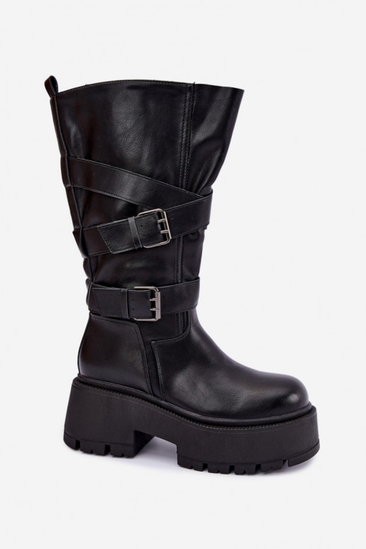 Bottes hautes avec plateforme et sangles en noir Delsenne