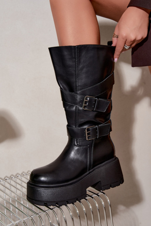 Bottes hautes avec plateforme et sangles en noir Delsenne
